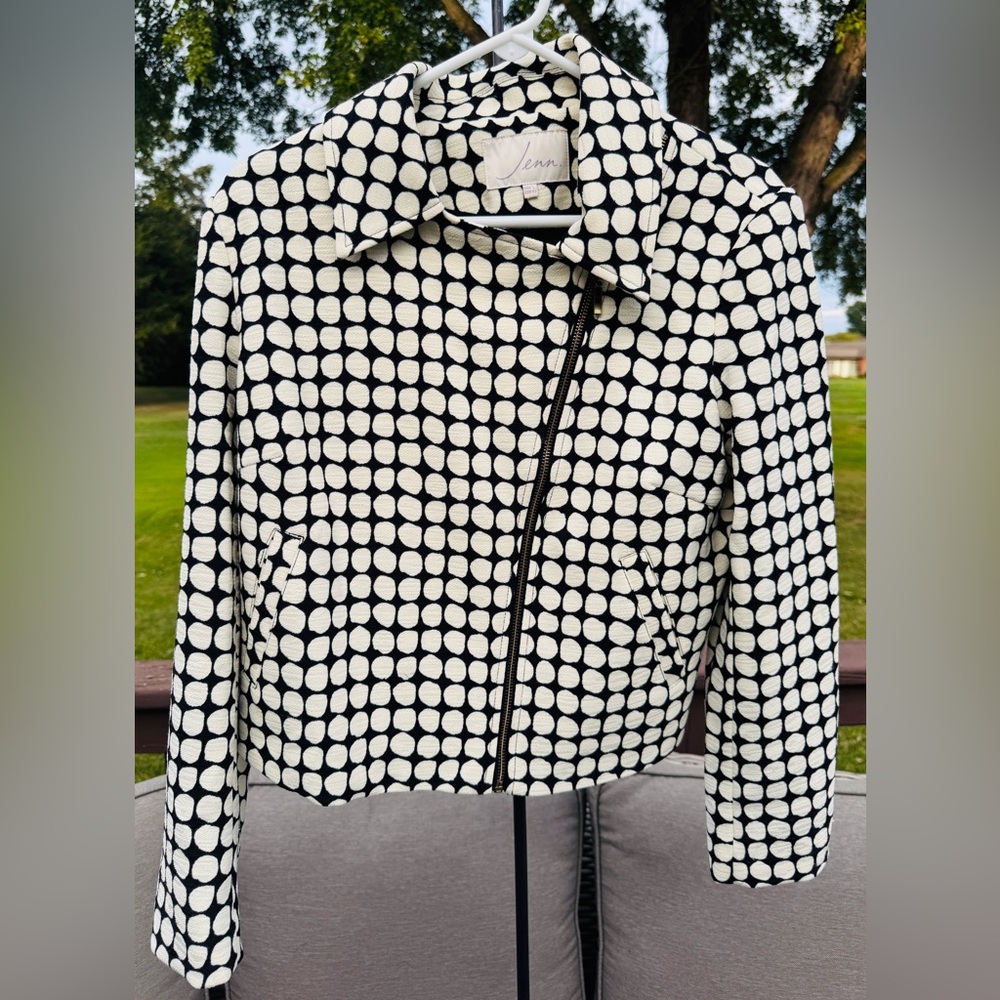 Jenn. European Black & White Polka Dot Jacquard Moto Jacket - Size L